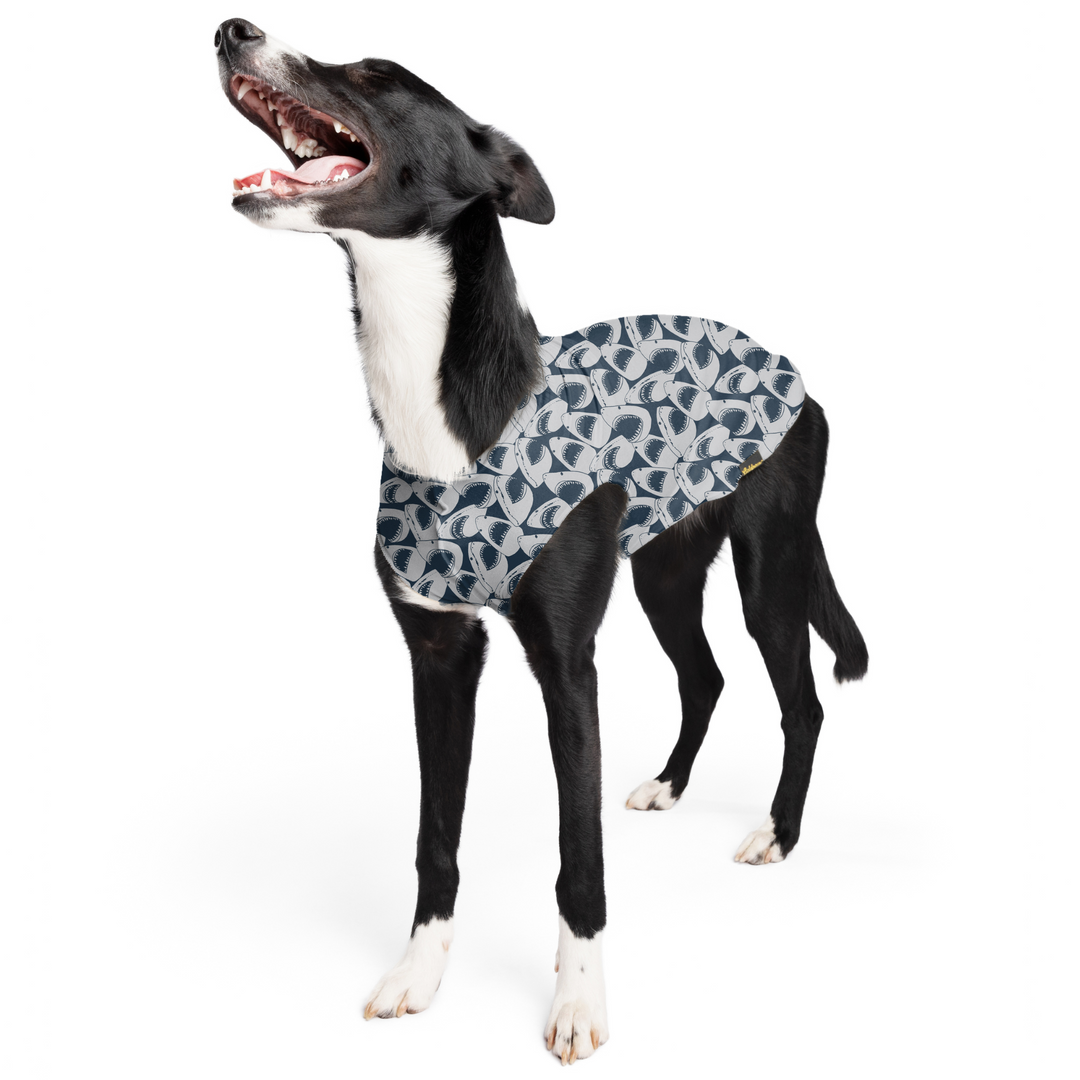A dog stands wearing a multicolored shark pattern Sun Tee in front of a white background