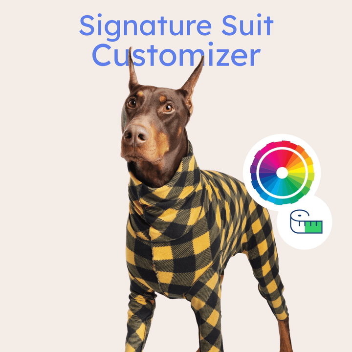 A Doberman wearing a gold and black buffalo check signature suit in front of an offering of customizations