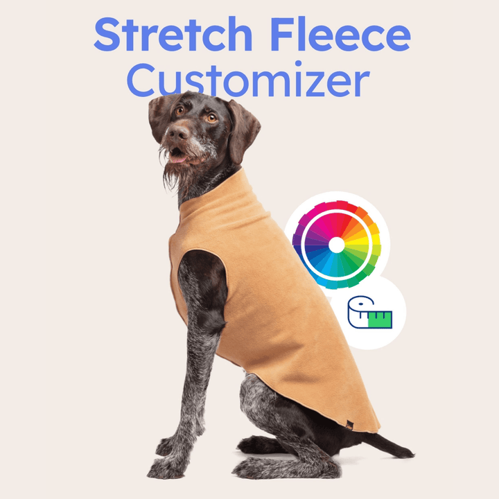 A wire haired pointer wearing a chipmunk tan stretch fleece in front of an offering of customizations