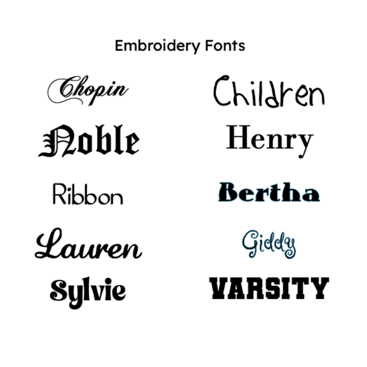 Collection of embroidery fonts displayed on a white background