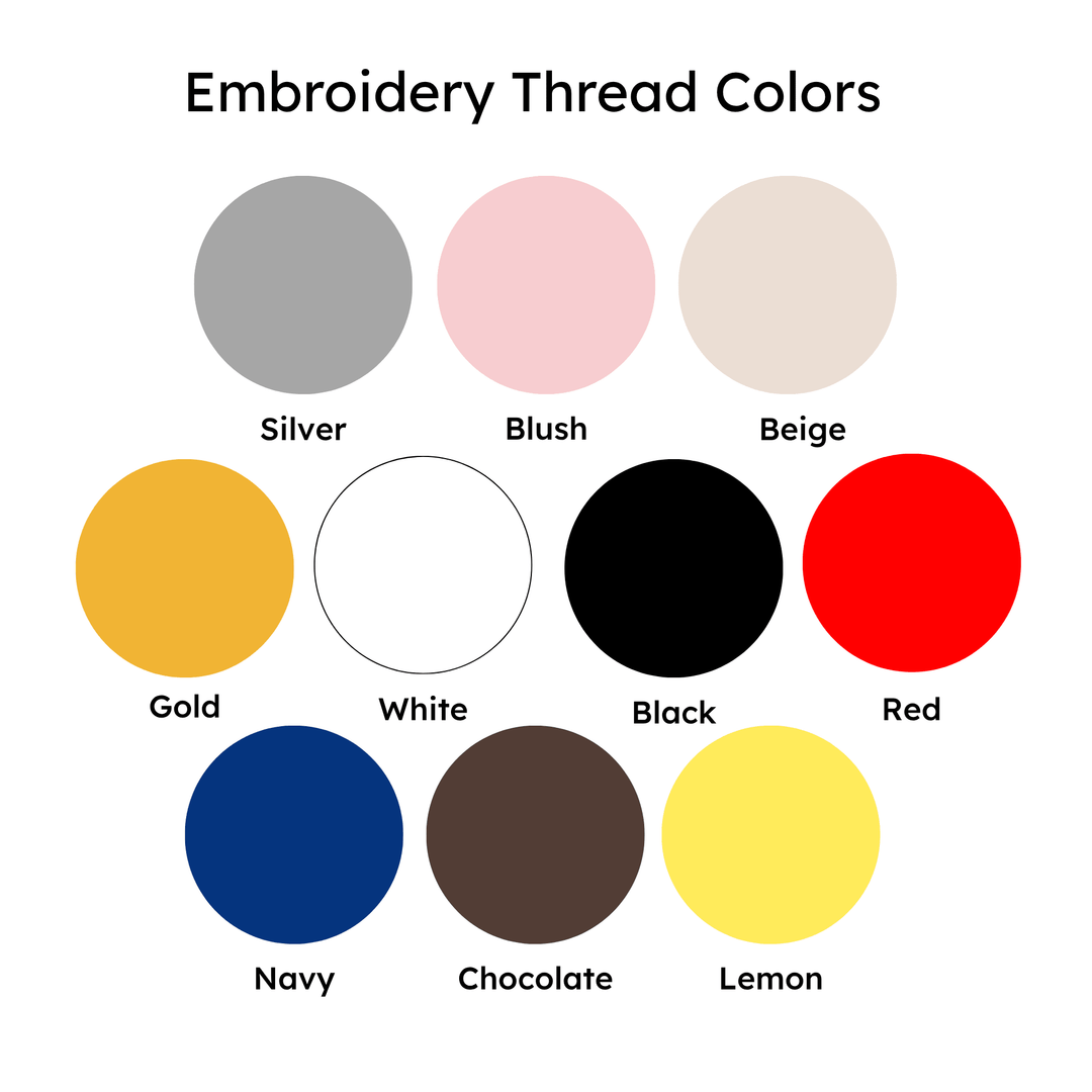 Color swatches of embroidery thread colors including silver, blush, beige, gold, white, black, red, navy, chocolate, and lemon.