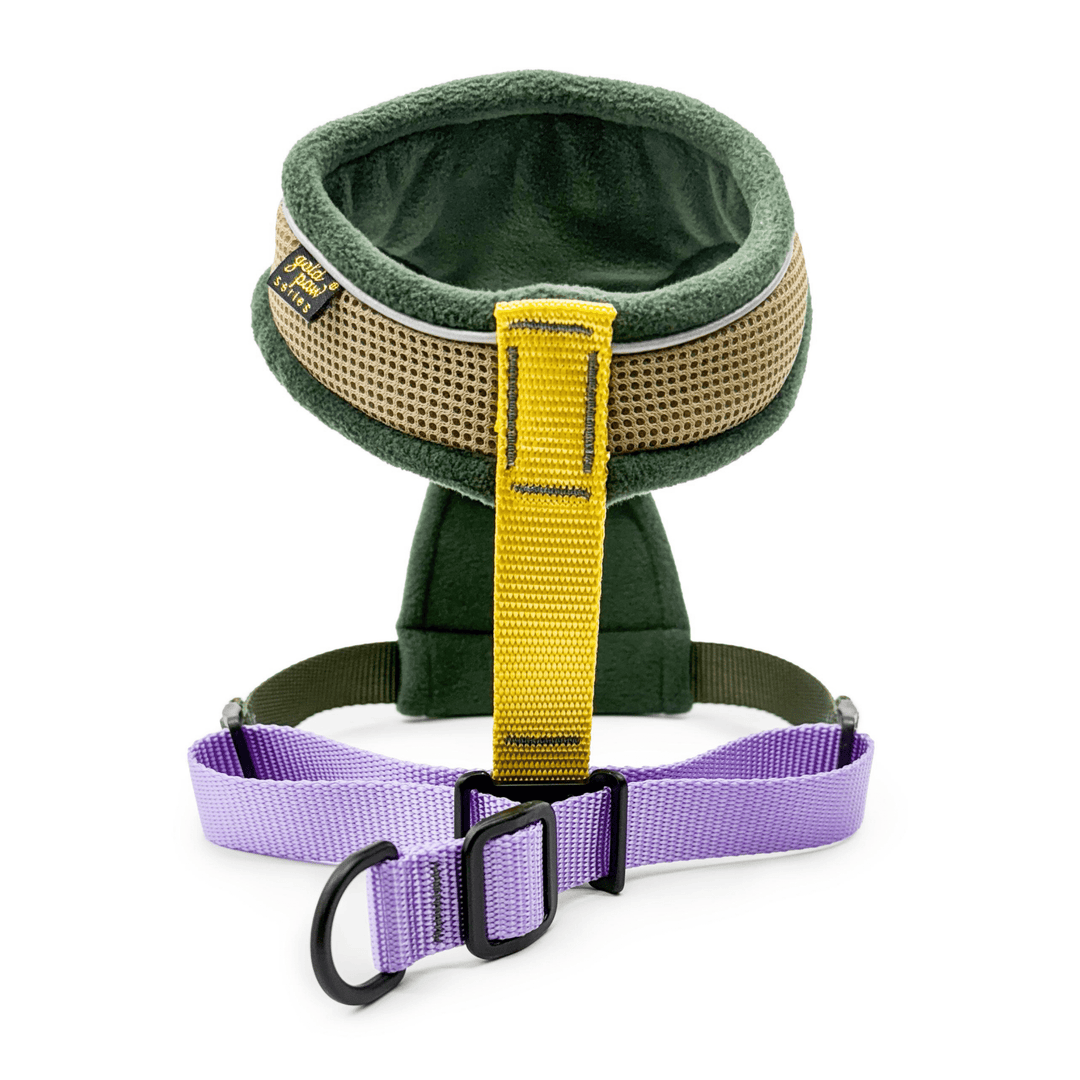 Featherweight Harness with Hunter Green fleece, yellow and purple webbing on a white background