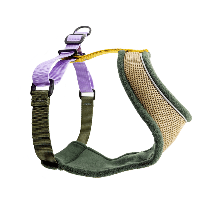 Featherweight Harness with Hunter Green Fleece padding and purple straps on a white background