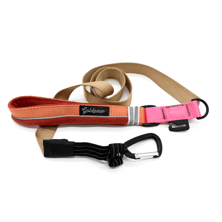 Tan dog leash with orange handle and carabiner clasp