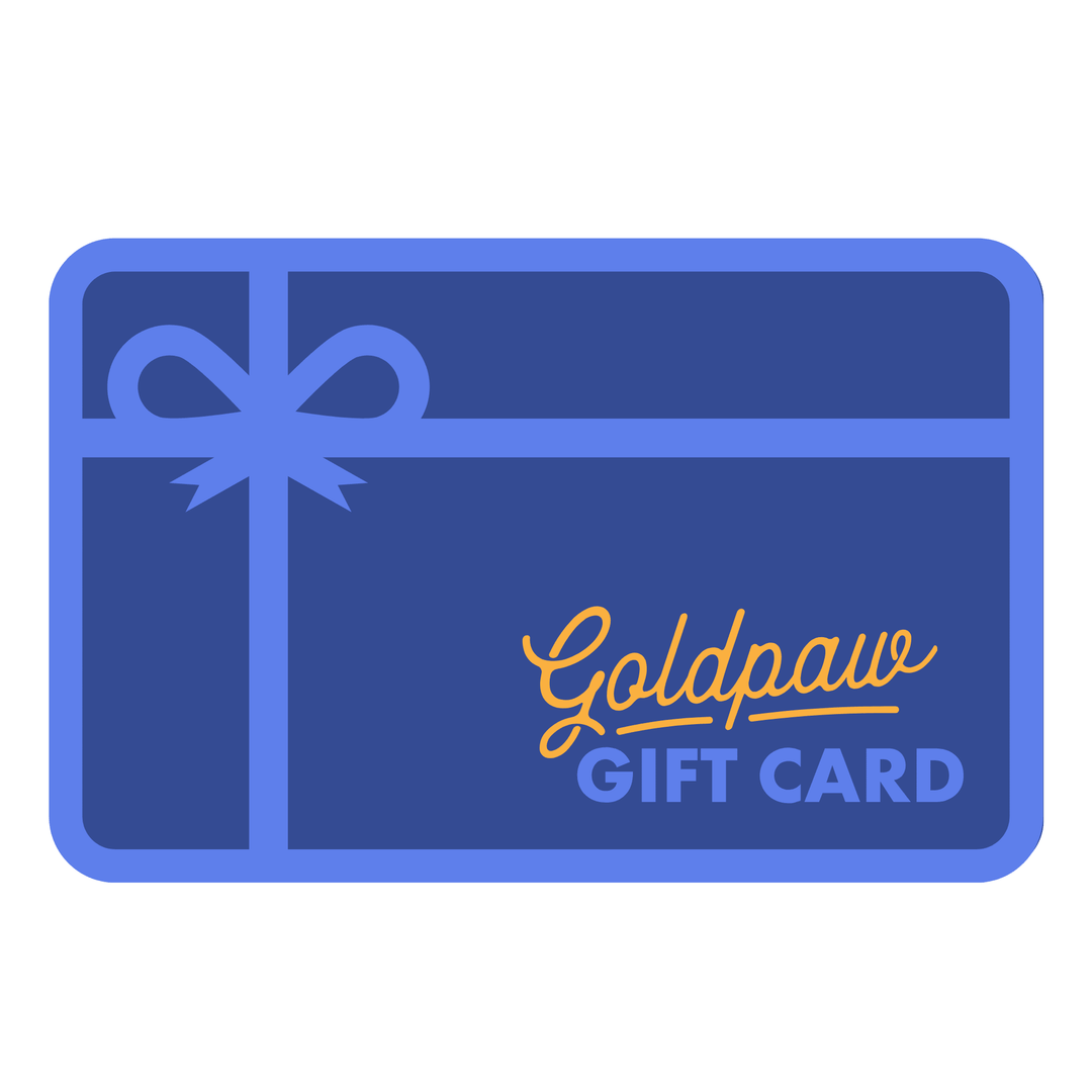 Blue gift card emblem with a bow and 'Goldpaw Gift Card' text on a white background
