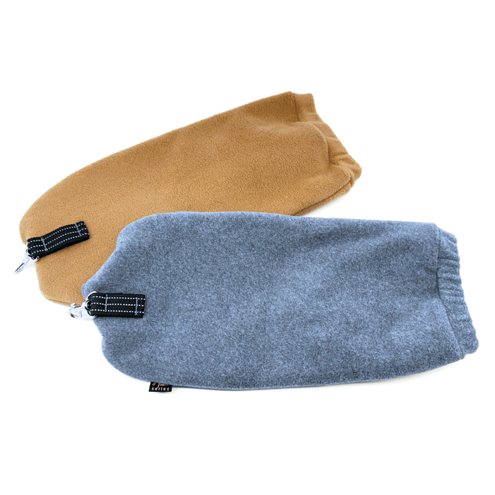 Two leash mittens in front of a white background. One is tan, one is grey.