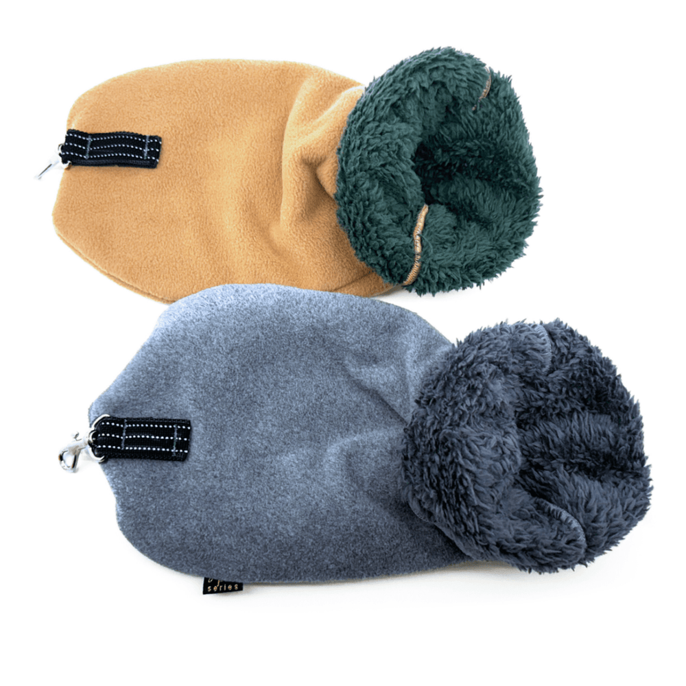 Two leash mittens in front of a white background. One is tan, one is grey.
