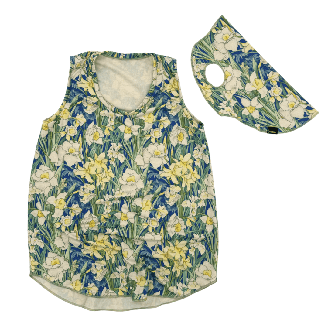 Daffodil-patterned tank top and matching dog Sun Shield tee on a white background