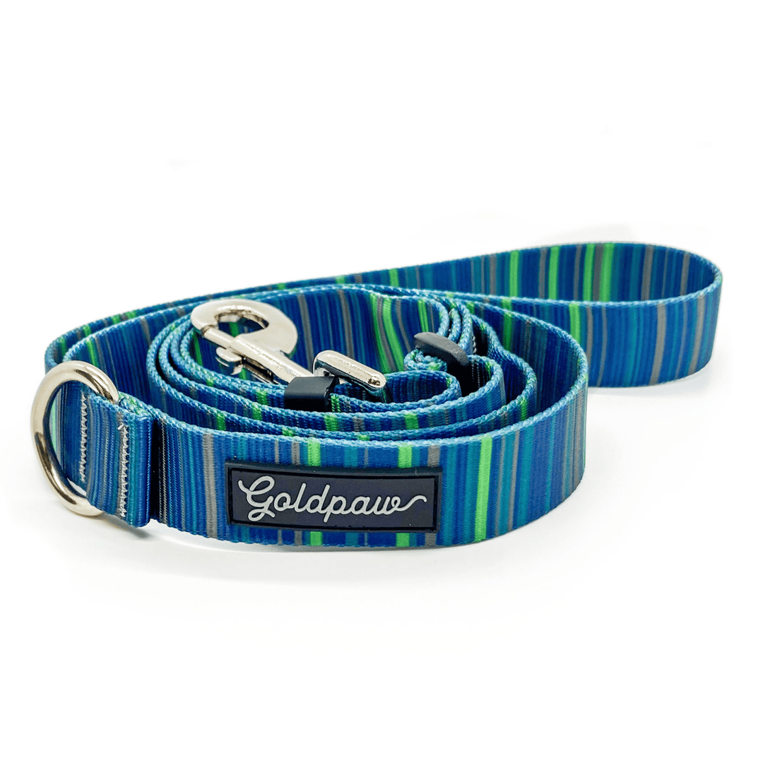 A blue striped adjustable leash in front of a white background