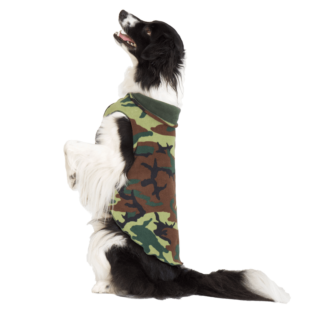 A border collie sits pretty while wearing a camouflage and hunter green double fleece in front of a white background