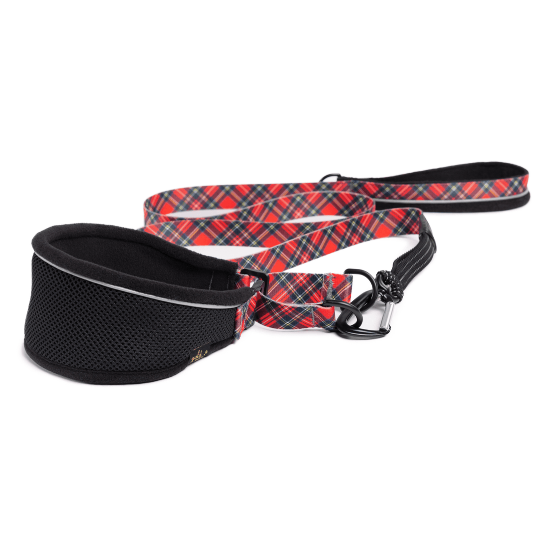 A black hound martingale collar with red plaid straps and a matching leash in front of a white background.