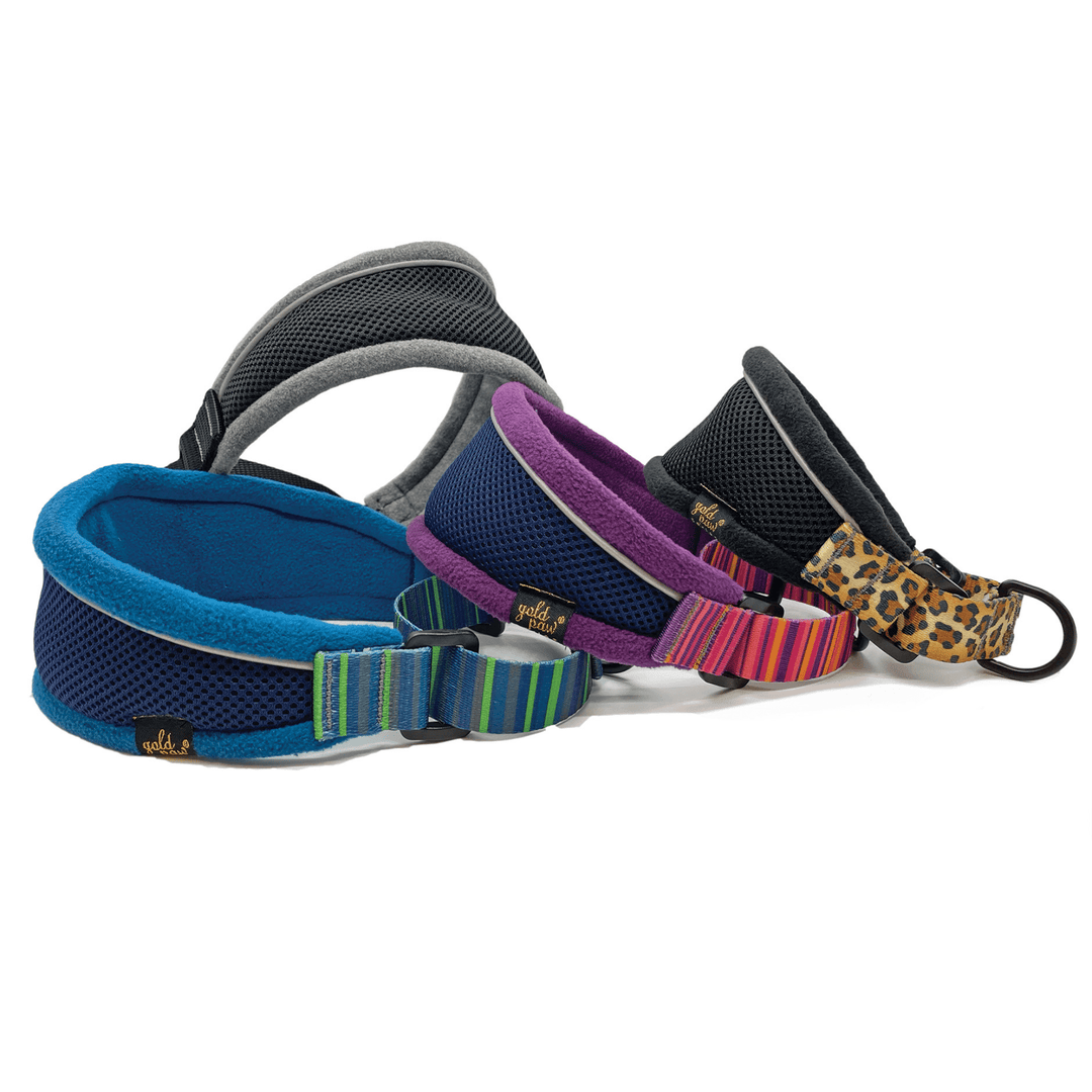 A stack of martingale hound collars in various colors in front of a white background