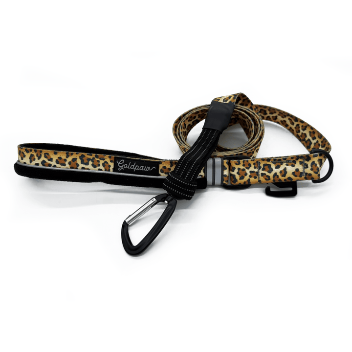 Leopard print dog leash with carabiner on a white background