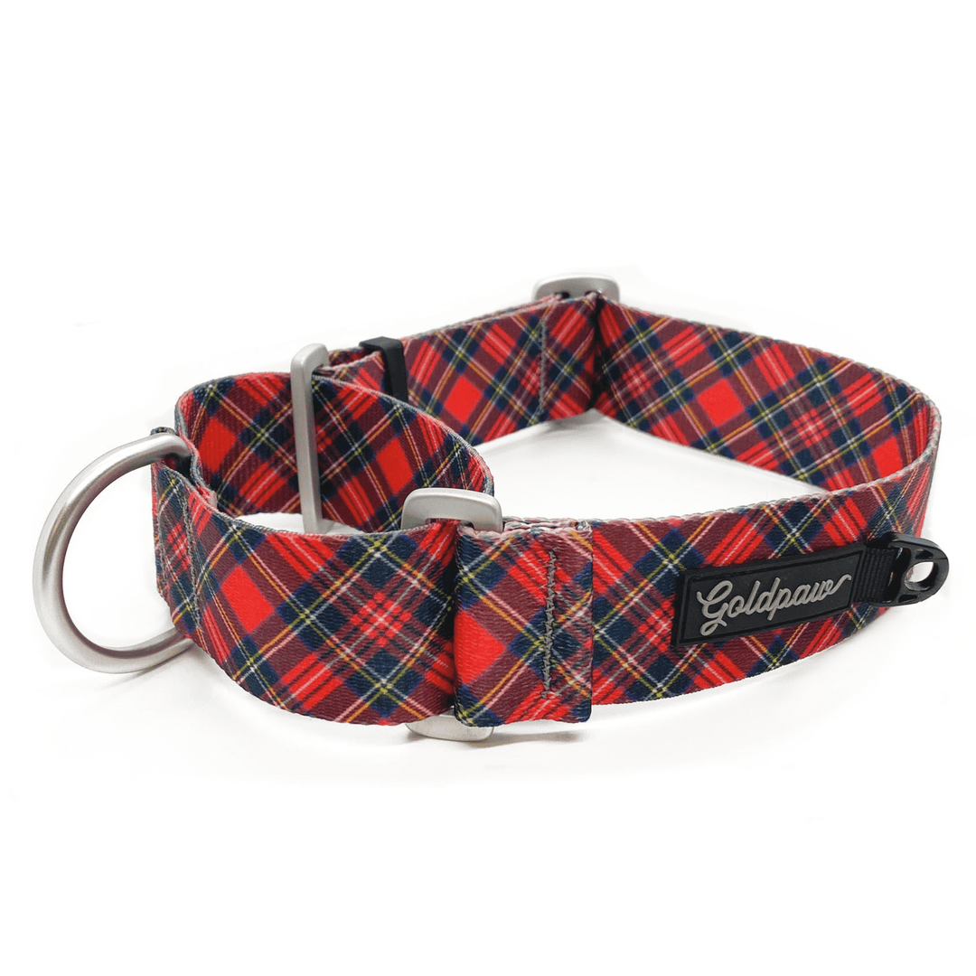 A red plaid dog collar with a Goldpaw logo on a white background
