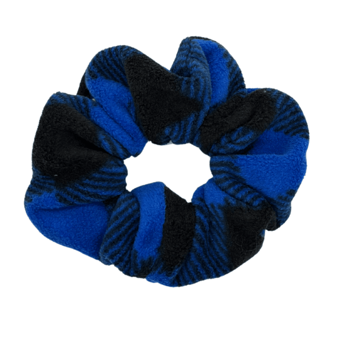 Cobalt and black buffalo check scrunchie on a white background
