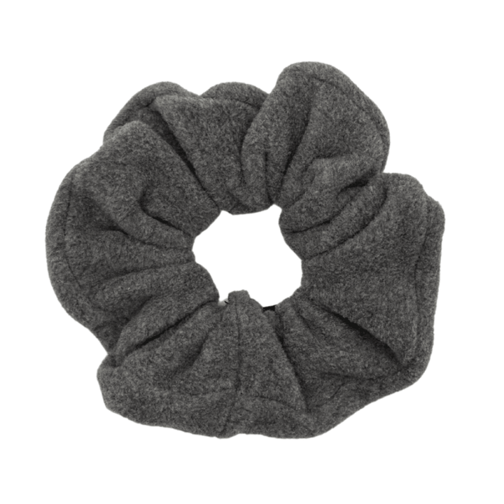 Charcoal grey scrunchie on a white background