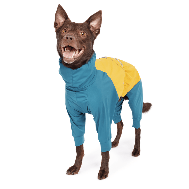 A Koolies standing in a Lagoon blue and Gold Ski Suit in front of a white background